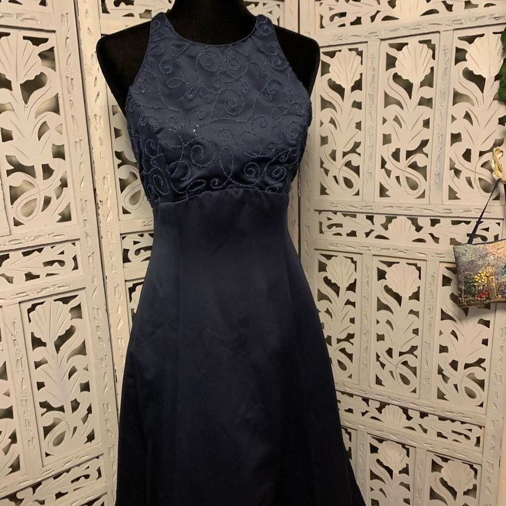 ROBERTA DESIGNS NICE NAVY BLUE SATIN PUFFY FORMAL PROM HOMECOMING DRESS - Picture 2 of 9
